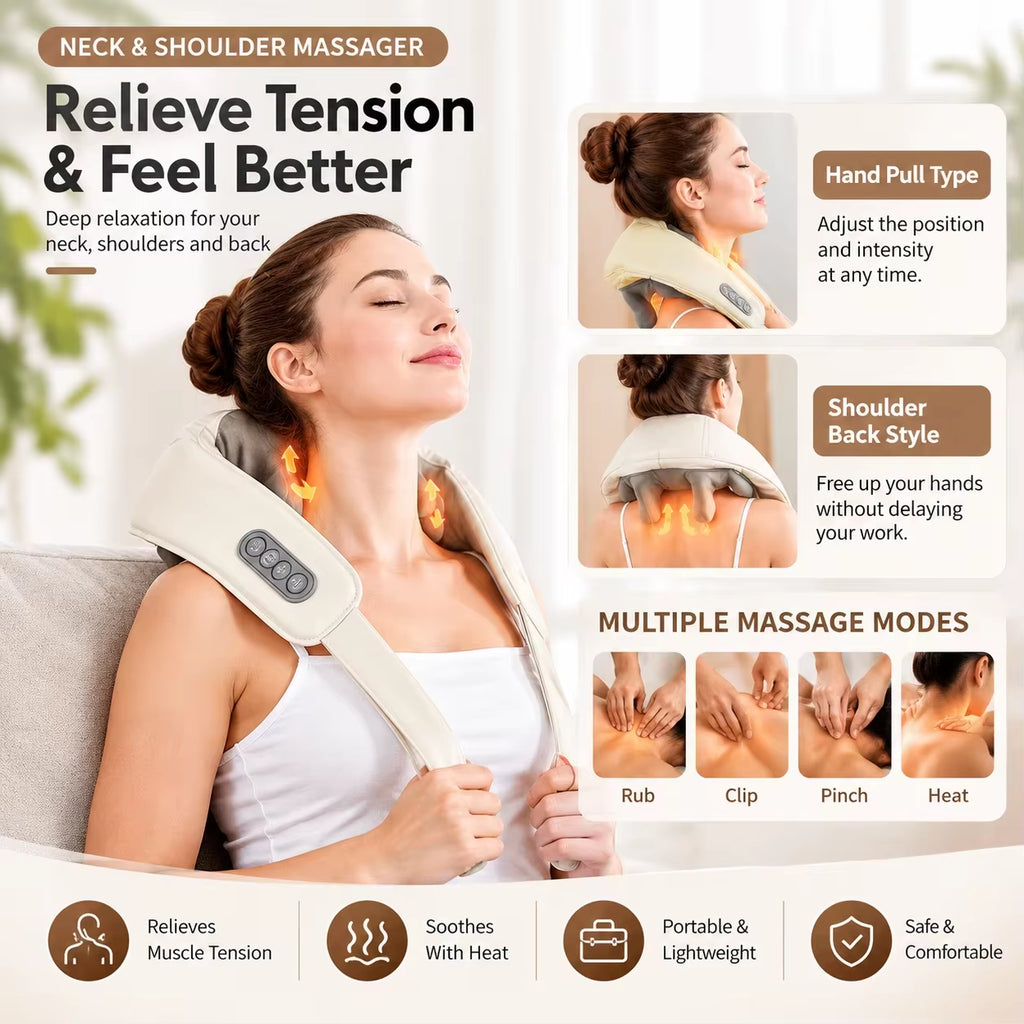 New 2026 Brushless Motor Neck and Shoulder Massager Wireless Shoulder and Back Kneading Massage Shawl Neck Masajeador